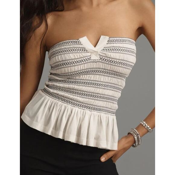 Anthropologie Maeve Smocked Split Tube Blouse Top Strapless Ruffle XS NWD 280092 - Picture 1 of 9